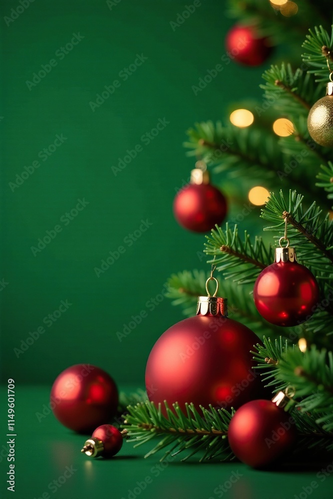 Green and red Christmas ball decorations on a green background, ornaments, evergreen, lights Green and red Christmas ball decorations on a green background, ornaments, evergreen, lights