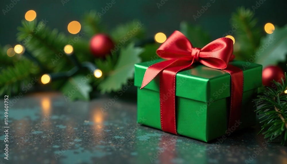 Green gift box with Christmas lights and garlands, evergreen, holly, illuminations Green gift box with Christmas lights and garlands, evergreen, holly, illuminations