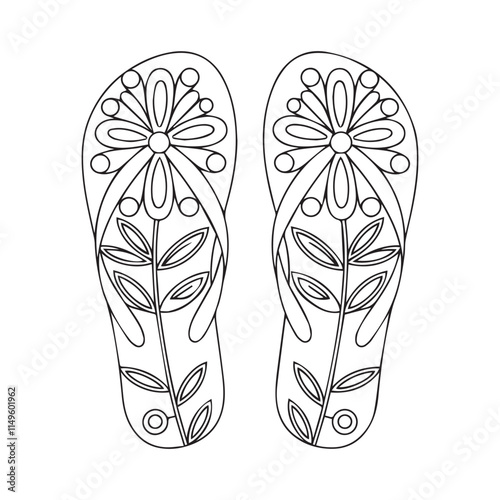 Doodle flip flop shoes in outline with flower pattern. Pair of slippers coloring page. Hand drawn shoes logo. Vector illustration