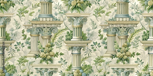 Elegant floral wallpaper design featuring classical columns and greenery.