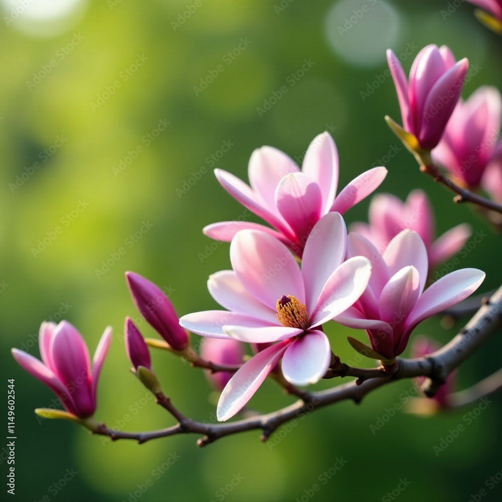 Pink magnolia blooms in full blossom on a tree branch, greenery, flowers, flora Pink magnolia blooms in full blossom on a tree branch, greenery, flowers, flora