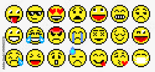 Pixel art of various emoticon. Pixelated emoji pack. Set of emoticons pixel art. Various faces. 