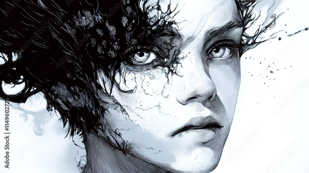 Surreal Ink Portrait: Monochrome Face with Abstract Hair Surreal Ink Portrait: Monochrome Face with Abstract Hair