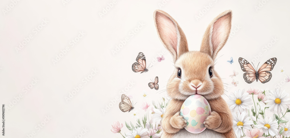 Obraz premium Lovely watercolor portrait of bunny holding Easter egg, surrounded by flowers and butterflies, evoking cheerful spring atmosphere