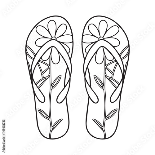 Doodle flip flop shoes in outline with flower pattern. Pair of slippers coloring page. Hand drawn shoes logo. Vector illustration