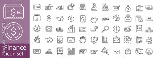 Finance icon set. Containing loan, cash, saving, financial goal, profit, budget, mutual fund, earning money and revenue icons. Outline icon collection.