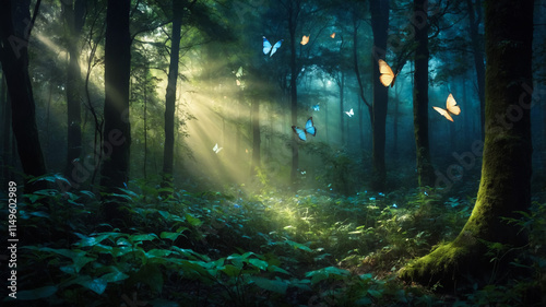 Fototapeta Naklejka Na Ścianę i Meble -  Breathtaking panoramic view of a mystical forest with vibrant trees and flying butterflies