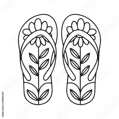 Doodle flip flop shoes in outline with flower pattern. Pair of slippers coloring page. Hand drawn shoes logo. Vector illustration