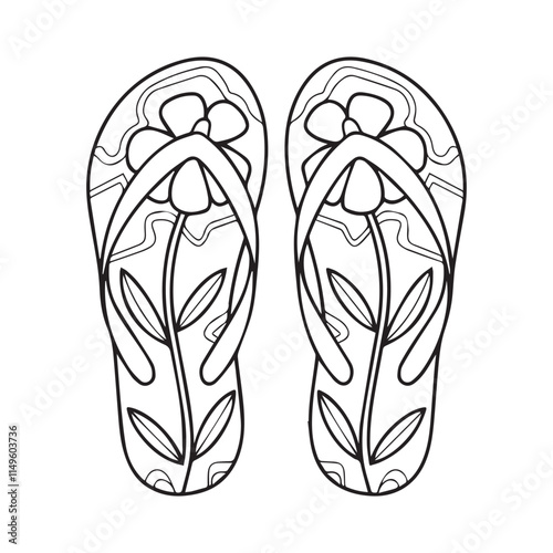Doodle flip flop shoes in outline with flower pattern. Pair of slippers coloring page. Hand drawn shoes logo. Vector illustration