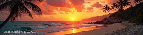 Sunset on a deserted beach with palm trees and waves, sunset, natural, palm trees