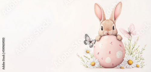 whimsical bunny peeks out from pink Easter egg surrounded by flowers and butterflies, evoking joyful springtime atmosphere