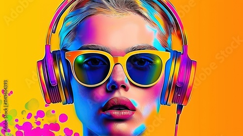 Blonde Beauty Grooving to Pop Art Beats: Young Woman in Retro Headphones and Sunglasses on Vibrant Colorful Background
