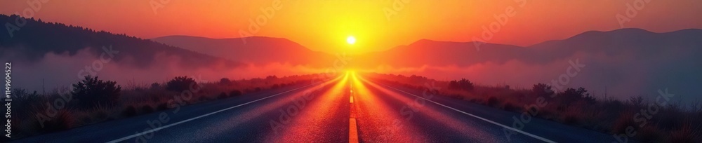 Hot asphalt road at sunrise with early morning fog, fog, glow, road Hot asphalt road at sunrise with early morning fog, fog, glow, road