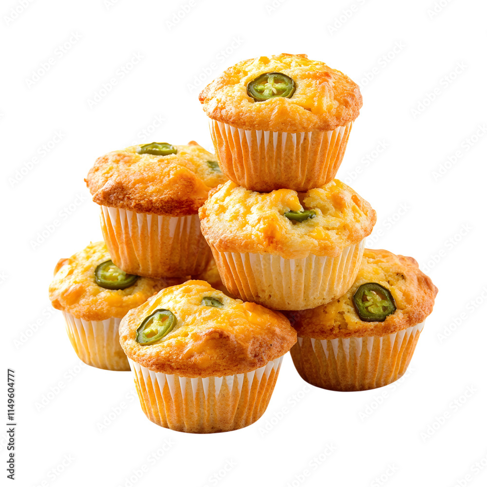 Tasty Cheddar and jalapeo cornbread muffins Isolated On Transparent Background
Tasty Cheddar and jalapeo cornbread muffins Isolated On Transparent Background