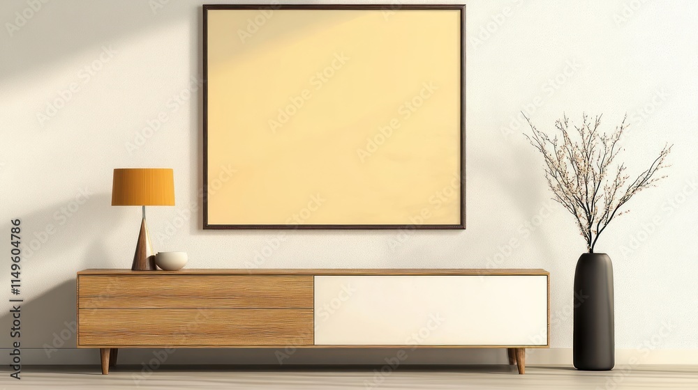 Rustic Charm: 3D Render of Interior with Wooden Dresser and Poster Rustic Charm: 3D Render of Interior with Wooden Dresser and Poster