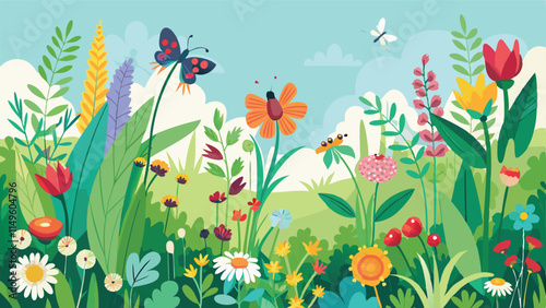  Border garden with wild flowers, herbs, and insects, Easter spring summer meadow background, nature, floral, environment