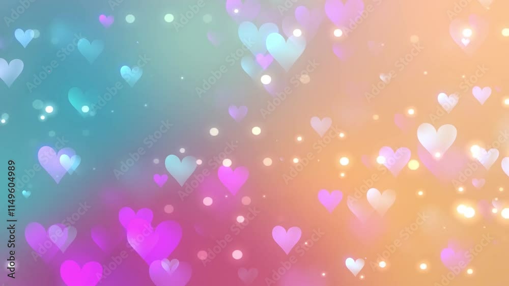 Love heart spinning on romantic abstract glow background with flying neon hearts and falling sparkle bokeh particles. Loop animation for Valentine's day. Moving wallpaper. Seamless footage.