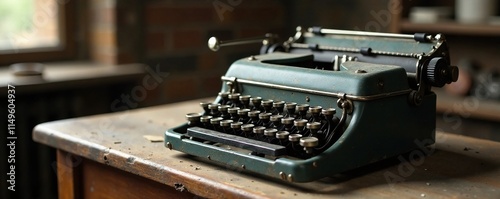 Old antique typewriter on a dusty wooden desk, old, mechanical, retro photo