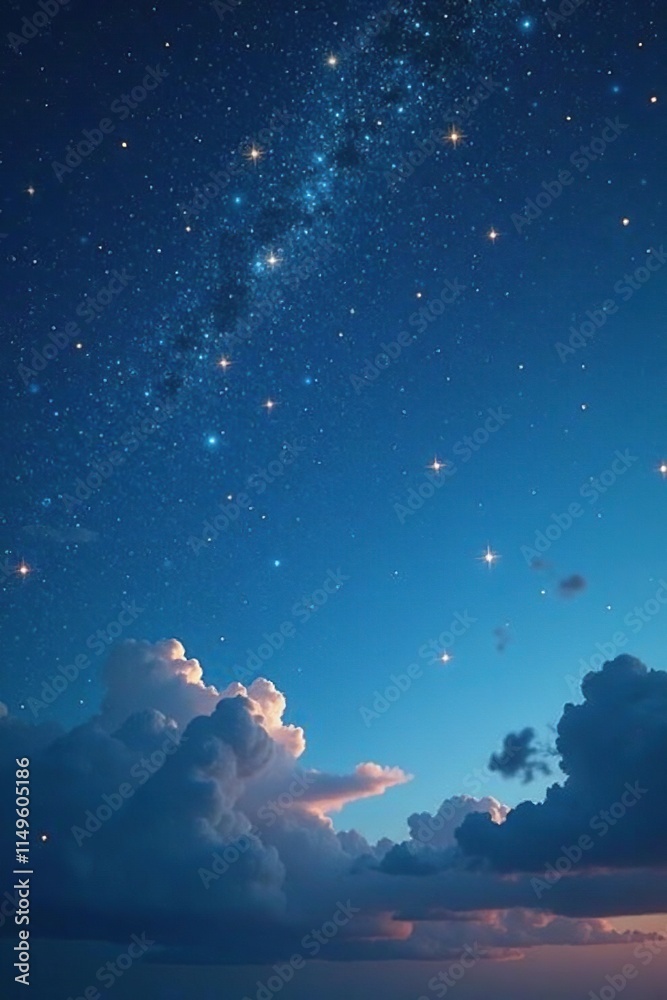 Naklejka premium Blue sky with gold glittering stars and subtle light effects, peaceful ambiance,, soothing atmosphere