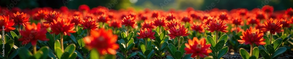 Red lowers of Euphorbia Geroldi with long shadows on the ground, botanical garden, flower bloom, nature scene Red lowers of Euphorbia Geroldi with long shadows on the ground, botanical garden, flower bloom, nature scene