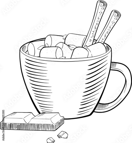 Vector composition with cup of hot chocolate with whipped cream, cinnamon rolls and chocolate chips and slice chocolate.