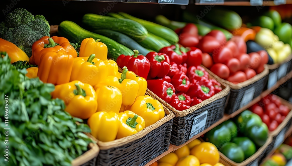 Photo of supermarket shelves filled with groceries like fruits, vegetables, and packaged items, with a softfocus blurred aisle background Photo of supermarket shelves filled with groceries like fruits, vegetables, and packaged items, with a softfocus blurred aisle background