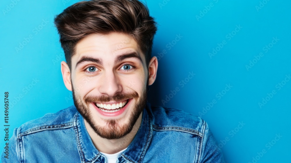 Fototapeta premium Young man smiles brightly against a colorful blue background while wearing a denim jacket