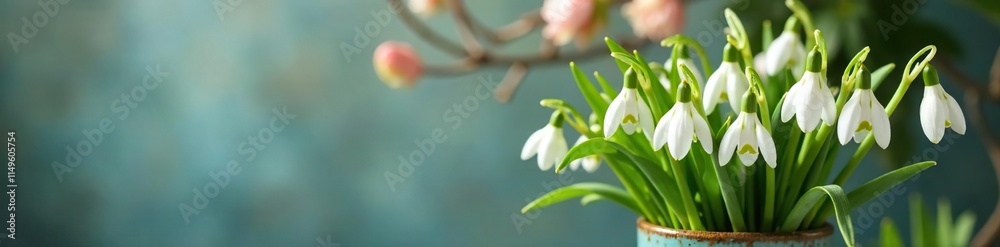 Snowdrops in a vase with branches and greenery, garden decor, spring flowers Snowdrops in a vase with branches and greenery, garden decor, spring flowers