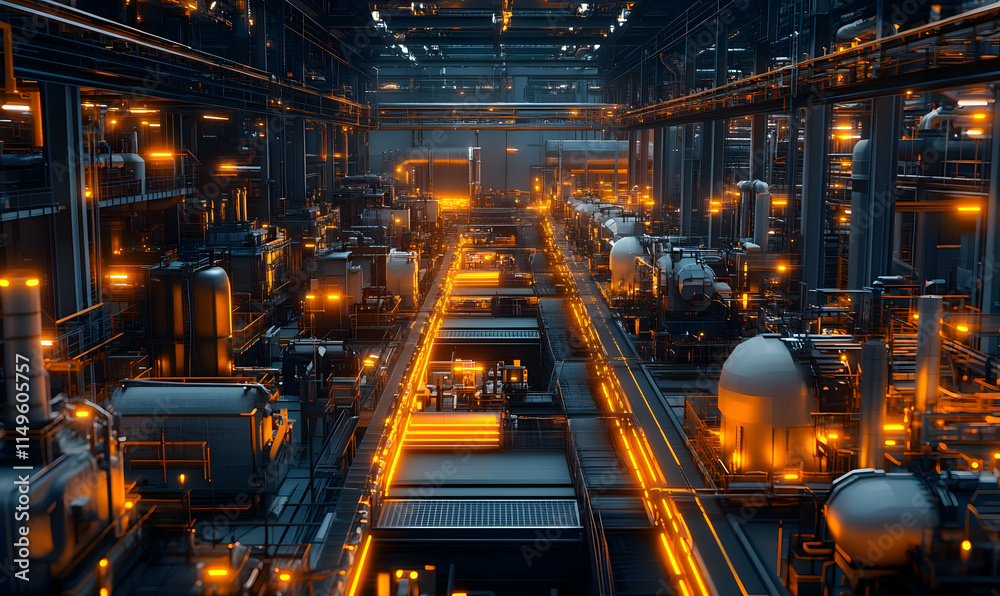 Fototapeta premium A futuristic industrial facility with glowing elements and complex machinery.