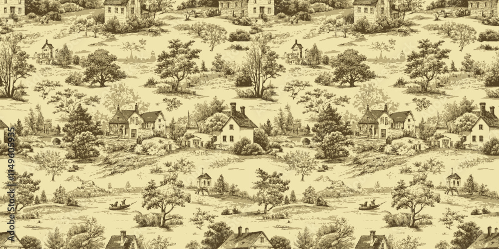 Fototapeta premium Vintage countryside scene in sepia tones featuring idyllic homes and lush trees.