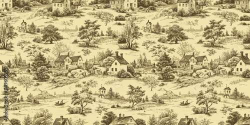 Vintage countryside scene in sepia tones featuring idyllic homes and lush trees.