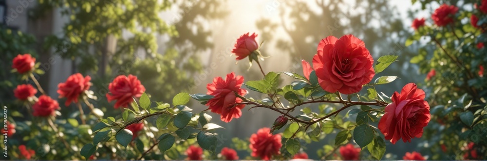 Soft morning light highlights the tender red petals of a blooming rose bush , subtle colors, garden scenery , garden landscape Soft morning light highlights the tender red petals of a blooming rose bush , subtle colors, garden scenery , garden landscape