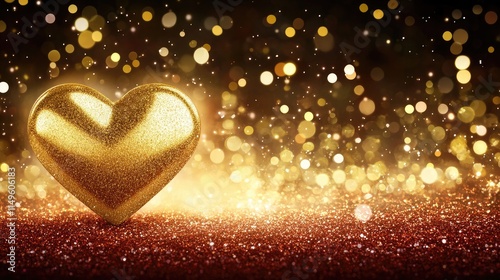 Luxury golden heart-shaped giftbox on red velvet, with a blank paper card and sparkling bokeh glitter in the background.