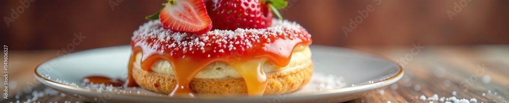 Strawberry and caramel layered donut on a plate, pastry, sweet tooth Strawberry and caramel layered donut on a plate, pastry, sweet tooth