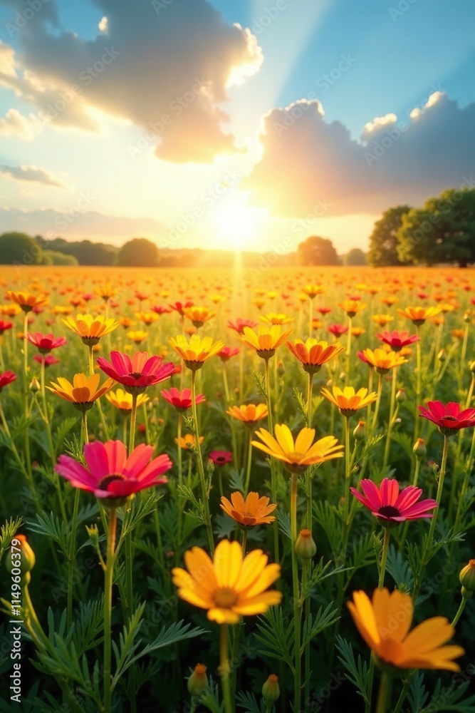 Field of sun-kissed wildflowers stretching towards the sky, expansive, field, sun Field of sun-kissed wildflowers stretching towards the sky, expansive, field, sun