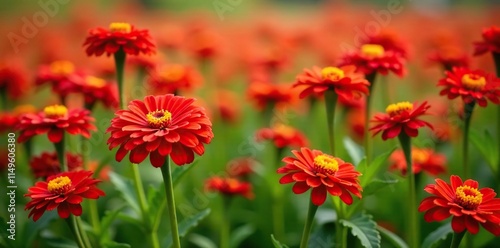 Wallpaper Mural Field of vibrant red flowers with delicate yellow centers, bloomed chrysanthemums, green grass Torontodigital.ca