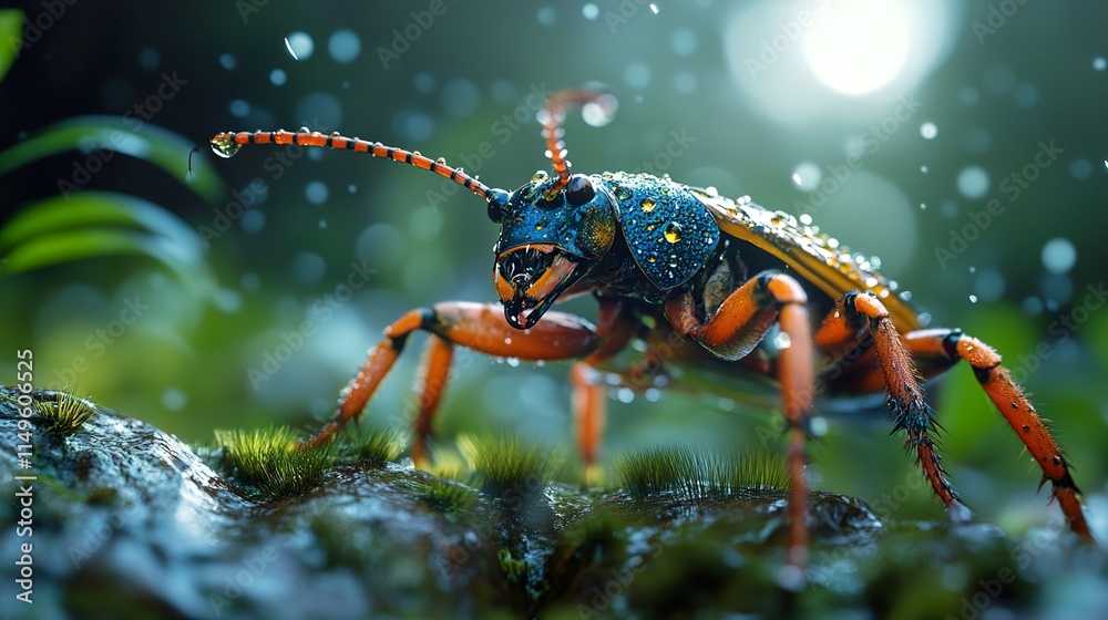 Fototapeta premium Vibrant Beetle in Rain: Macro Nature Photography