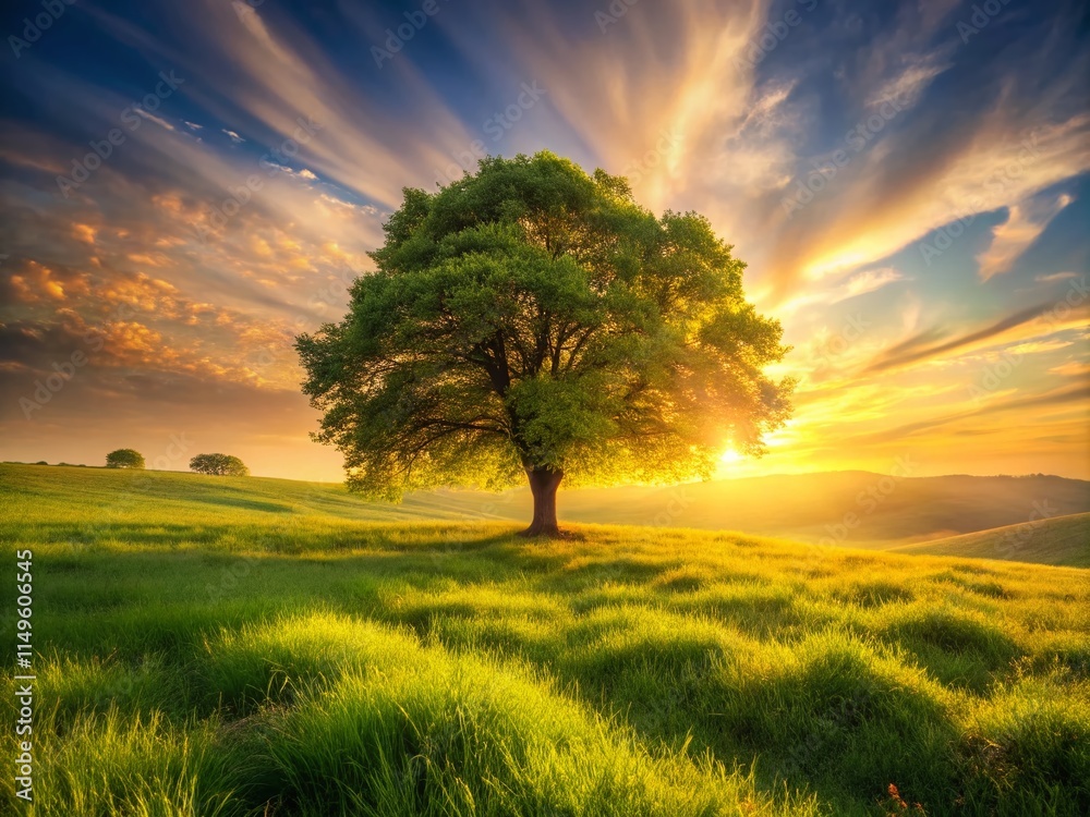 Fototapeta premium Serene Landscape: Long Exposure Tree & Lush Greenery, Warm Tones