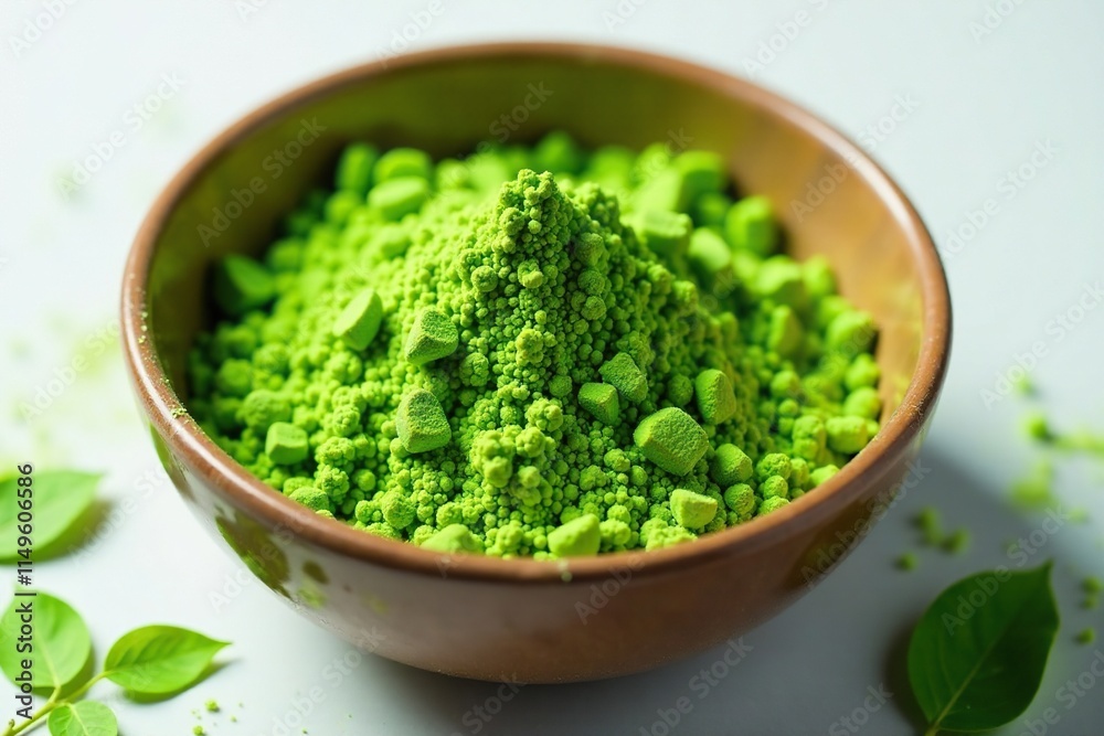 Fresh moringa leaves with powdery residue on the surface of the bowl, leafy greens, botanicals, healthy powder Fresh moringa leaves with powdery residue on the surface of the bowl, leafy greens, botanicals, healthy powder
