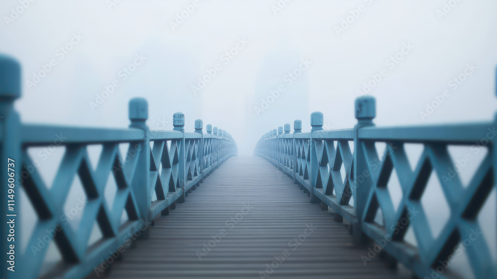 Fototapeta premium Pedestrian bridge shrouded in smog, creating mysterious urban atmosphere