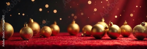 Golden ornaments on a red velvet tablecloth under the starry Christmas background, Christmas, gold
