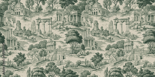A vintage-style landscape wallpaper featuring classical ruins and lush greenery.