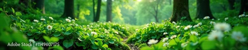 Lush green foliage and drooping white blooms in forest, foliage, forest, valley