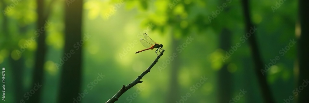 A single dragonfly perched on a thin branch of a tall tree, dragonfly, calm scene, tree A single dragonfly perched on a thin branch of a tall tree, dragonfly, calm scene, tree