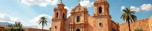 Adobe church with steeples and ornate stonework, building, details photo