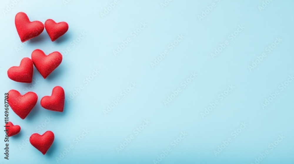 Red hearts arranged on a light blue background, leaving ample copy space. Red hearts arranged on a light blue background, leaving ample copy space.