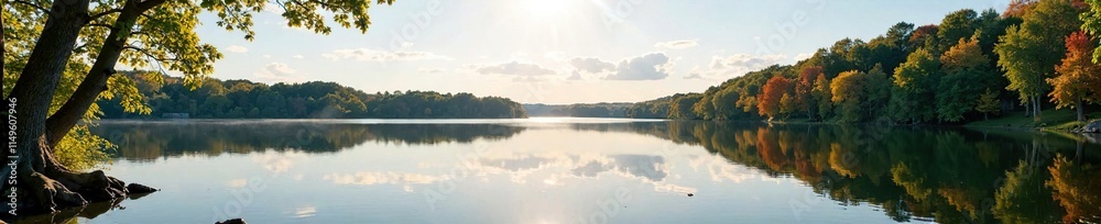 Serene lake waters reflecting trees and sky at Chisago Chain of Lakes, tree, Minnesota, tranquility Serene lake waters reflecting trees and sky at Chisago Chain of Lakes, tree, Minnesota, tranquility