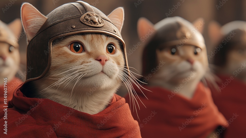 Brave Feline Warriors in Armor and Helmets Ready for Battle Brave Feline Warriors in Armor and Helmets Ready for Battle