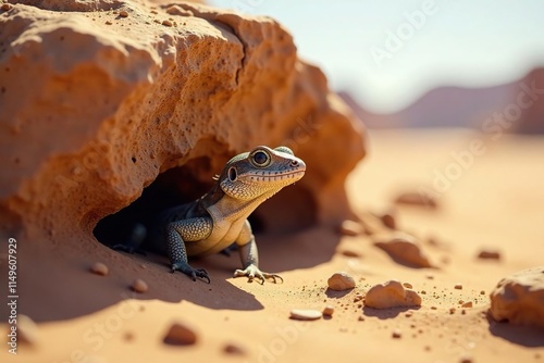 Saara agamid lizard hiding behind a rock in the desert landscape, wildlife, hide, desert photo