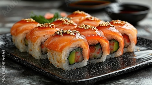 Teriyaki Salmon Sushi Rolls arranged on a dark plate, garnished with sesame seeds and a drizzle of glaze. photo